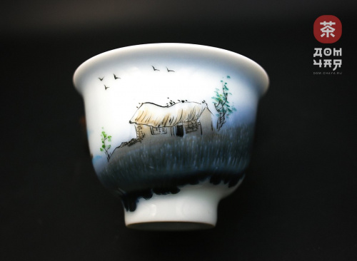 Пиала Цзиндэчжэнь, ручная роспись "Деревня" #37, 95мл