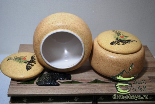 Подарочная коробка из дерева, с 2 фарфоровыми чайницами