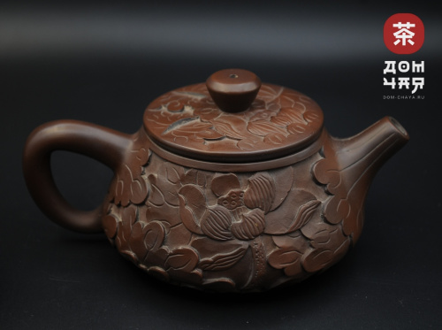 Авторский Чайник из Циньчжоу, Ручная резьба "Лотос" #80, 155мл.