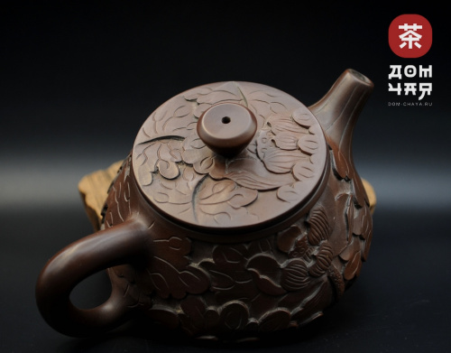 Авторский Чайник из Циньчжоу, Ручная резьба "Лотос" #80, 155мл.